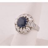 Natural Sapphire and Diamond Cluster Ring Circa 1950 Mounted on 14 Carat Gold Band, the Circular Cut