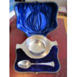 Antique Scottish Solid Silver Porringer with Spoon in Original Presentation Case Bowl