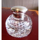 Large Form Cut Crystal Solid Silver Mounted Inkwell with Hinged Cover 5 Inches Diameter