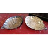 Pair of Antique Solid Silver Oval Form Embossed Dishes with Shaped Side Carry Handles Each 6