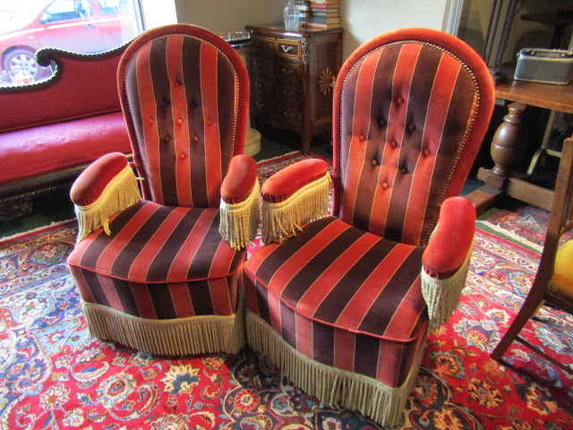 Pair of Vintage Tassel Decorated Upholstered Armchairs of Shaped Form