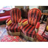 Pair of Vintage Tassel Decorated Upholstered Armchairs of Shaped Form