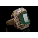 Emerald and Diamond Set Cluster Ring of Canted Form Mounted on 18 Carat Gold Band