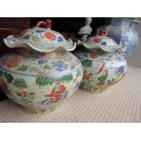 Pair of Oriental Lidded Vases with Garden Scenes and Scalloped Edges Each 16 Inches High