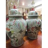 Pair of Oriental Decorated Porcelain Temple Vases with Fo Dog Motifs to Covers Each 24 Inches High