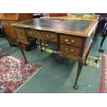 Antique Mahogany Crossbanded Writing Desk with Leather Embossed Top 42 Inches Wide x 30 Inches High