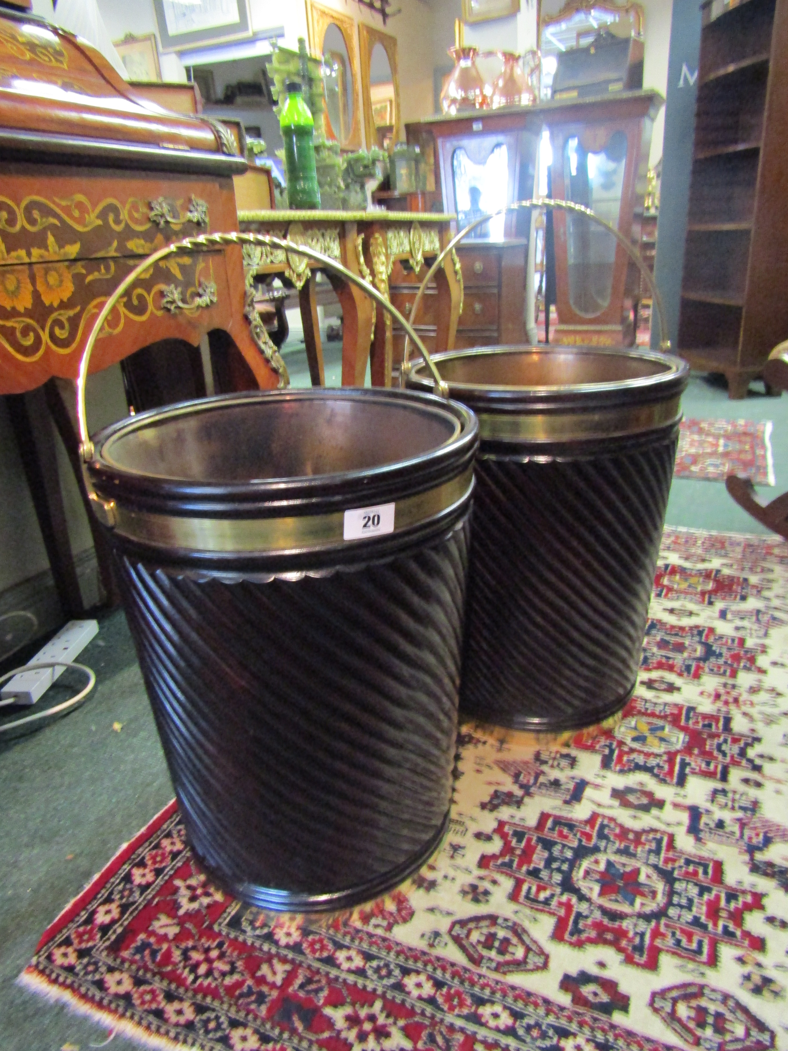 Pair Irish Mahogany and Brass Bound Peat Buckets with Twist Motif Decoration 15 Inches Wide x 21