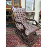 Carved Mahogany Framed deep Button Upholstered Chesterfield Rocking Chair