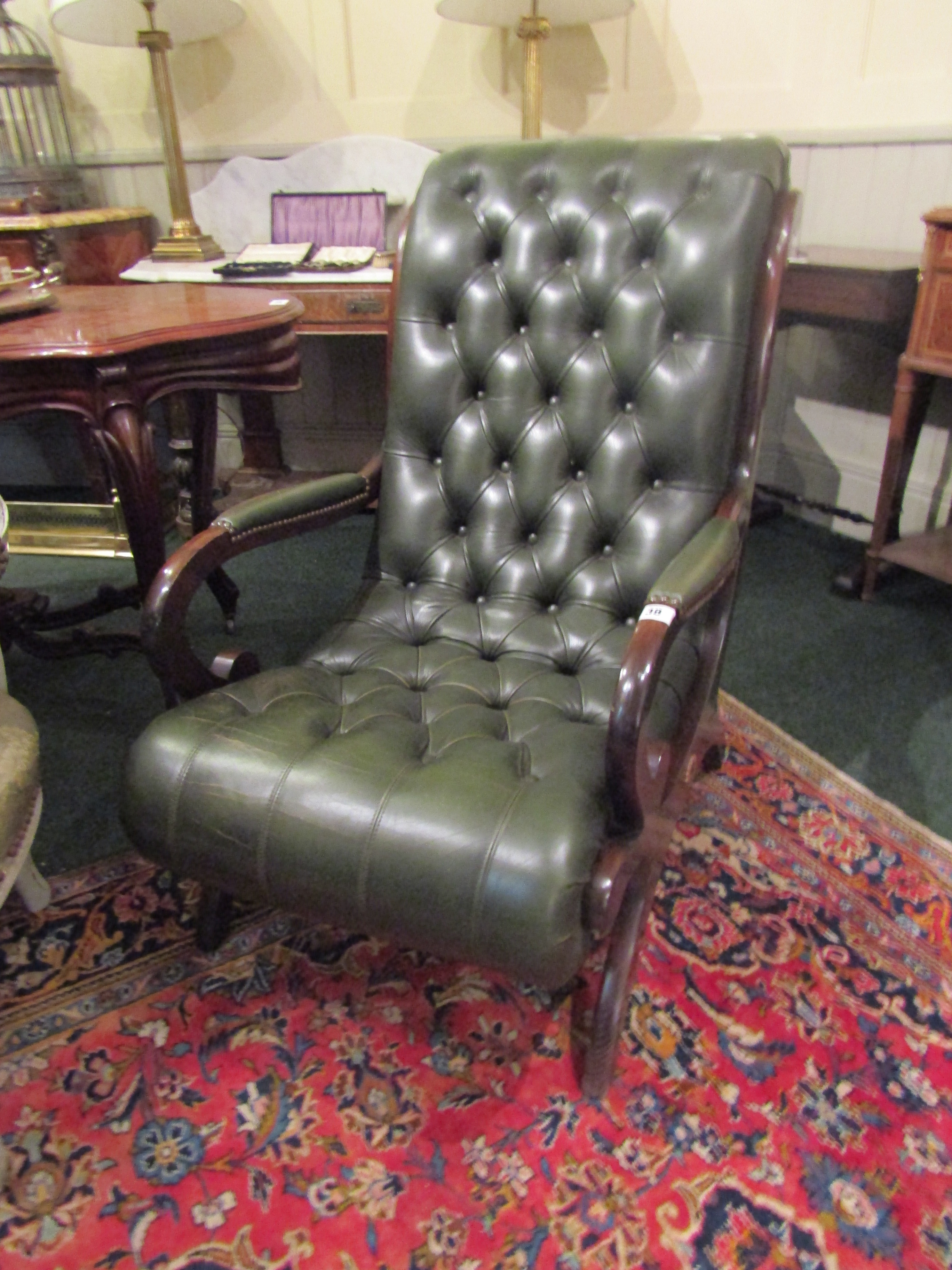 Leather Deep Button Upholstered Armchairs Mahogany Framed