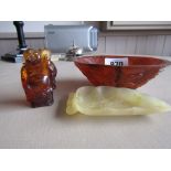 Three Pieces of Carved Oriental Items Including Leaf Motif Brush Dish