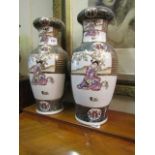 Pair of Fluted Satsuma Oriental Vases Depicting Lady and Flora Each 18 Inches High Approximately