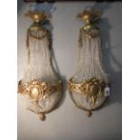 Art Deco Ormolu Beaded Crystal Wall Sconces with Swag Motif Decoration Each 16 Inches High