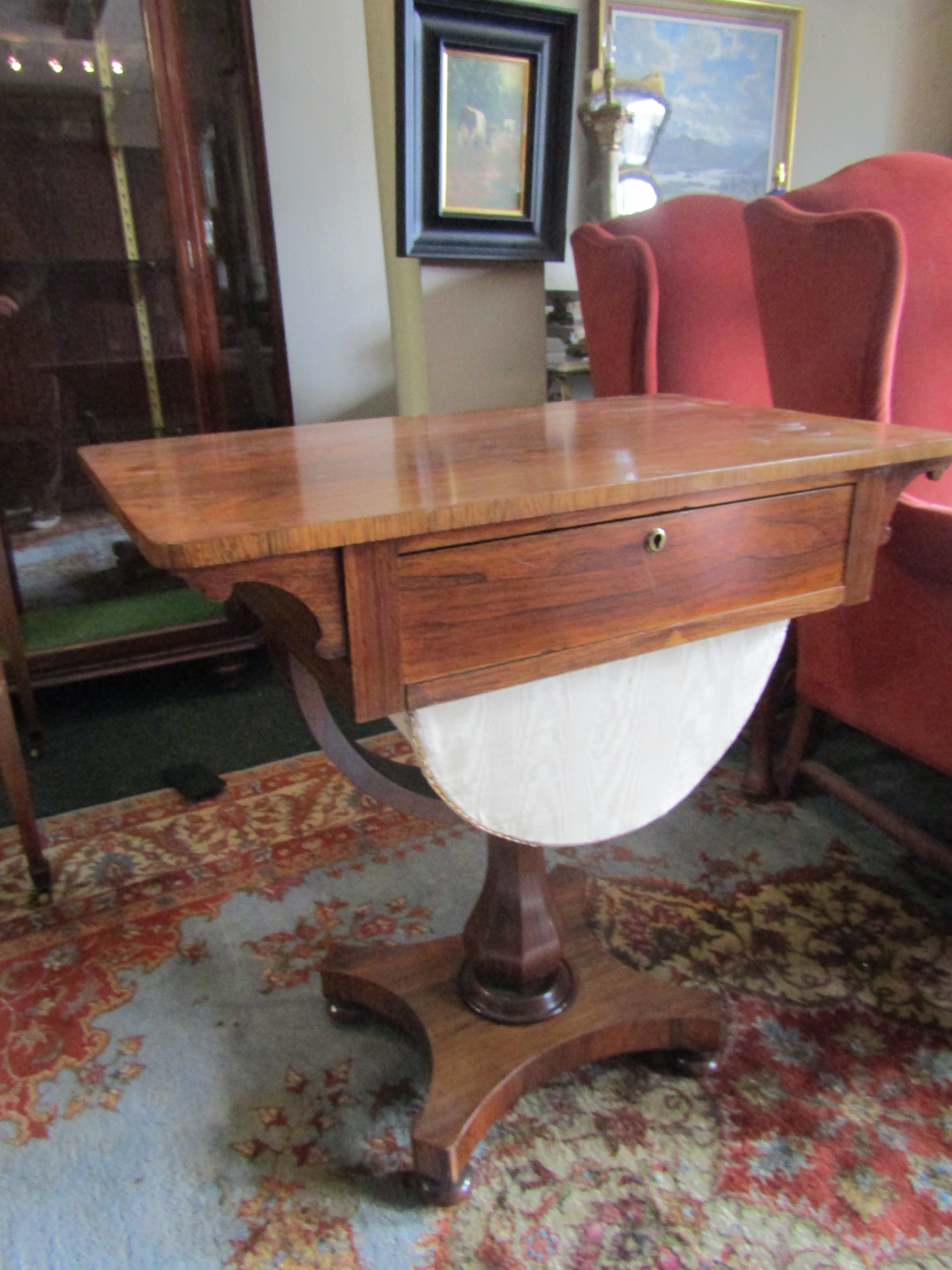 Victorian Work Box with Drawer Apron and Pillar Support 29 Inches Wide x 30 Inches High