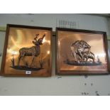 Pair of vintage African Motif Scenes on Worked Copper in Mahogany Frames