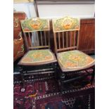 Pair of Edwardian Tapestry Low Form Side Chairs on Turned Supports 30 Inches High