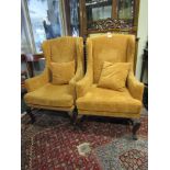 Pair of Suede Upholstered Wingback Armchairs on Cabriole Supports