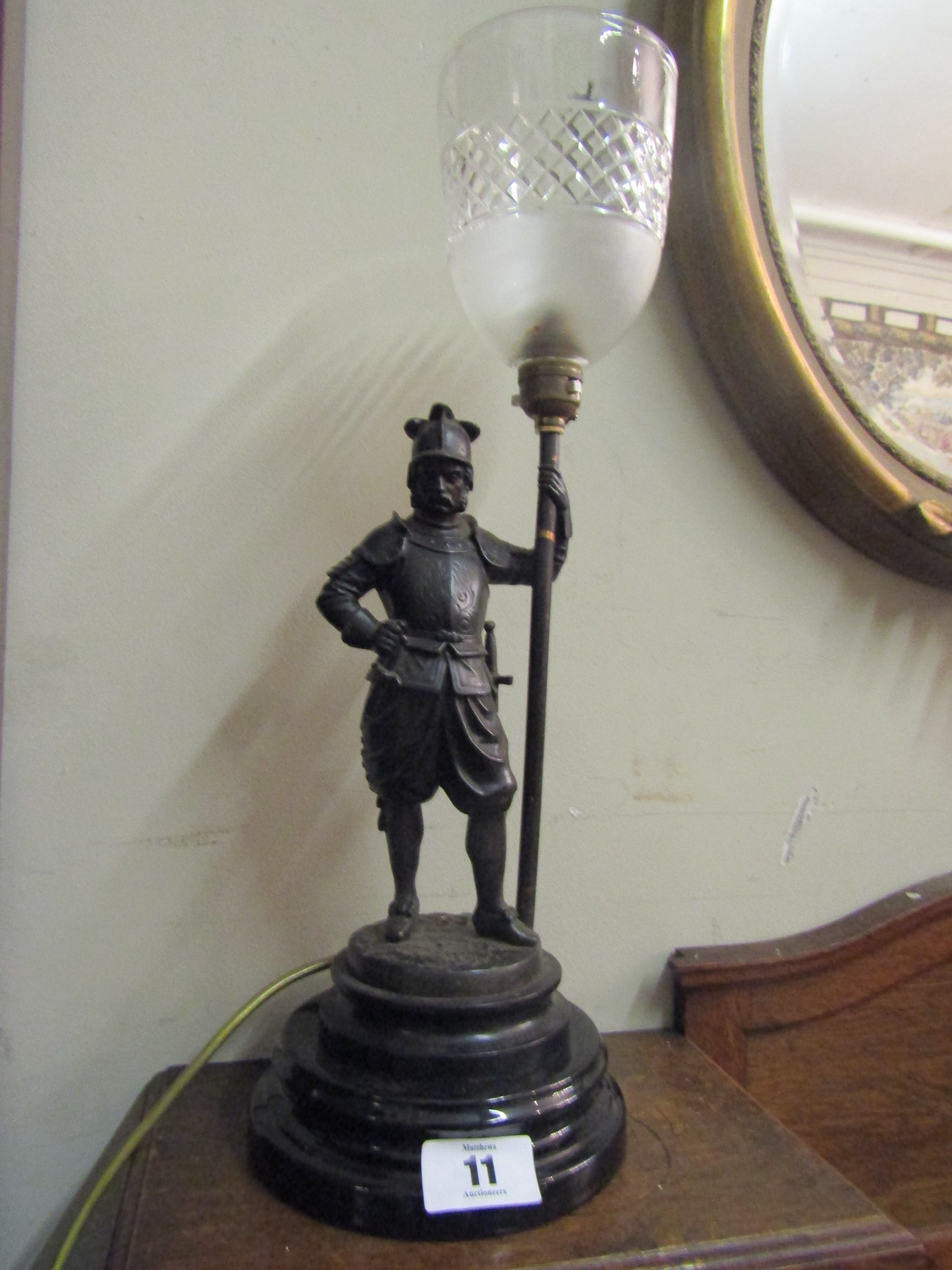 Bronze Table Lamp with Soldier Figure Surmounted with Crystal Bowl 17 Inches High