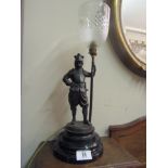 Bronze Table Lamp with Soldier Figure Surmounted with Crystal Bowl 17 Inches High