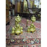 Pair Antique Brass Fire Dogs with Urn and Swag Motifs Each 14 Inches High