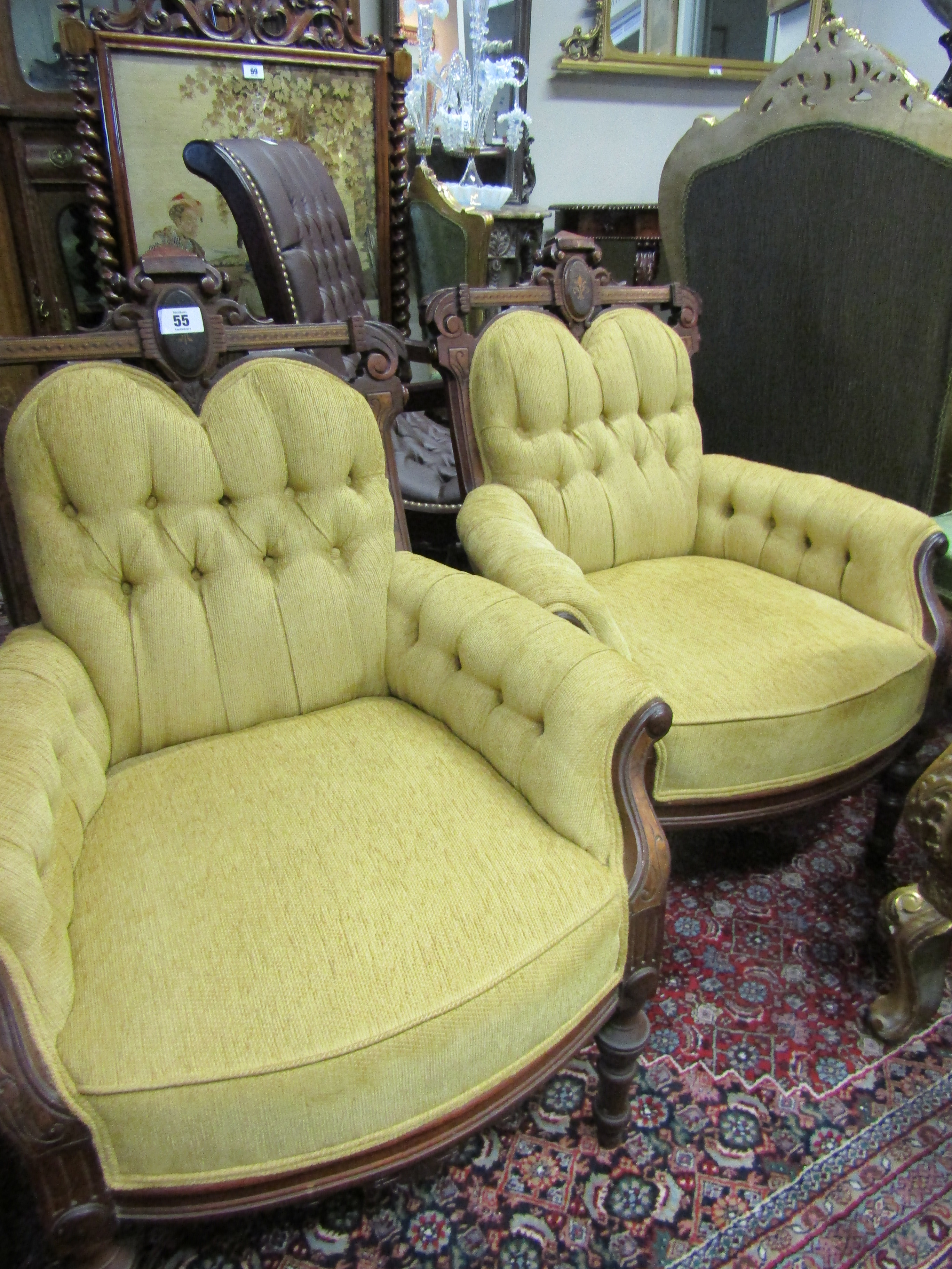 Pair of Edwardian Neat Form Armchairs with Carved Mahogany Frame and Button Backs 27 Inches Wide x