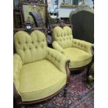 Pair of Edwardian Neat Form Armchairs with Carved Mahogany Frame and Button Backs 27 Inches Wide x