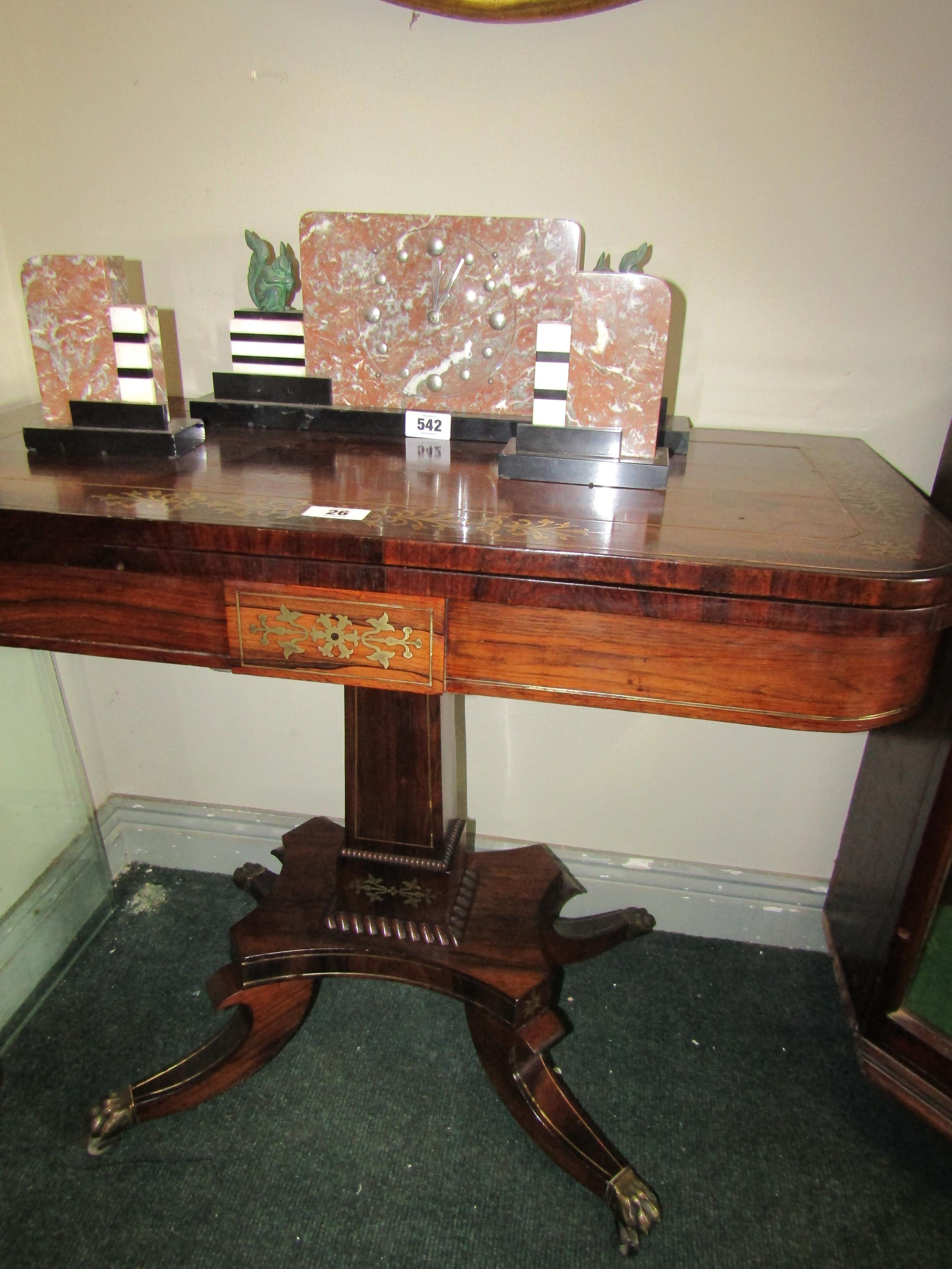 Regency Fold Over Games Table with Brass Inlaid Decoration on Swept Supports 36 Inches Wide x 28 - Image 2 of 2