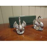 Pair of Irish Silver Mounted Cut Crystal Salts Swan Form with Original Case