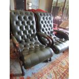 Pair Green Leather Reclining Chesterfield Arm Chairs with Shaped Arms 38 Inches High