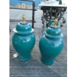 Pair of Oriental Pastel Green Ground Baluster Form Porcelain Table Lamps of Generous Size Each 24