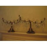 Pair Antique Gilded Table Sconces with Crystal Droplets on Floral Form Supports