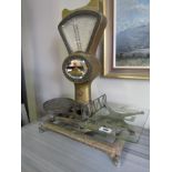 Victorian Gilt Decorated Full size Shop Weighing Scales on Cast Iron Base 20 Inches Wide x 27 Inches