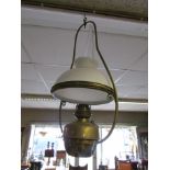 Victorian Hanging Lantern Oil Lamp with Milk Glass Shade Resting on Brass Surround