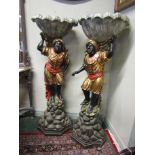 Fine Pair of Carved and Gilded Antique Blackmore Figures on Pedestal Bases Each 64 Inches High