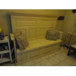 Antique Settle Bench of Imposing Size with Lift Top and Panelled Decoration