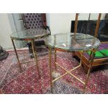 Pair of Vintage Brass Mounted Circular Glass Top Side Tables on Tapered Supports