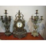 Antique Three Piece Ormolu Mantle Clock 25 Inches High with Side Table Candelabra