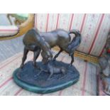 Bronze Equine Interest Statue of Mother and Foul on Marble Base