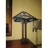 Tiffany Stained Glass Table Lamp With Floral Motif Decoration above Quatrefoil Pillar Support 24