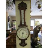 Antique Banjo Barometer with Enamel Face and Carved Upper Decoration