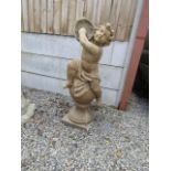 Vintage Composite Stone Figure of Cherub with Arms Aloft on Pedestal Base