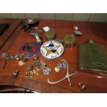 Various Assortment of Motoring Memorabilia and Badges As Photographed Including Hip Flask