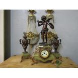 Antique Marble Mounted Bronze Cherub Figural Three Piece Mantle Clock Suite 22 Inches High