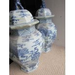 Pair of Oriental Blue and White Vases with Lidded Tops and Foo Dog Motifs
