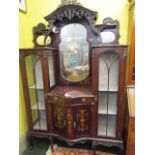 Edwardian Mahogany Display Cabinet with Marquetry Decoration Carved Upper Parts 53 Inches Wide x