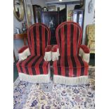 Pair of Vintage Tassel Decorated Upholstered Armchairs of Shaped Form