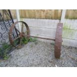 Antique Cast Metal rail Wagon Wheels with Supporting Cross Bar 48 Inches Wide x 33 Inches High