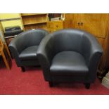 Pair of Dark Leather Upholstered Neat Form Tub Armchairs on Tapered Supports