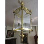 Large Antique Brass Hanging Lantern with Urn Motif Decoration 34 Inches Ceiling Drop Approximately