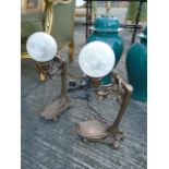 Pair of Bronzed Table Lamps Lady Holding Globe Aloft Each 14 Inches High