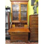 Edwardian Secretaire Bookcase with Glazed Doors and Fruitwood Inlay Decoration